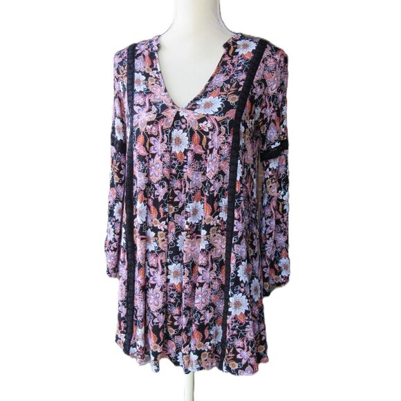 Altar'd State Floral Black Pink Babydoll Boho Mini Dress Bell Sleeve Size XS - Picture 2 of 15